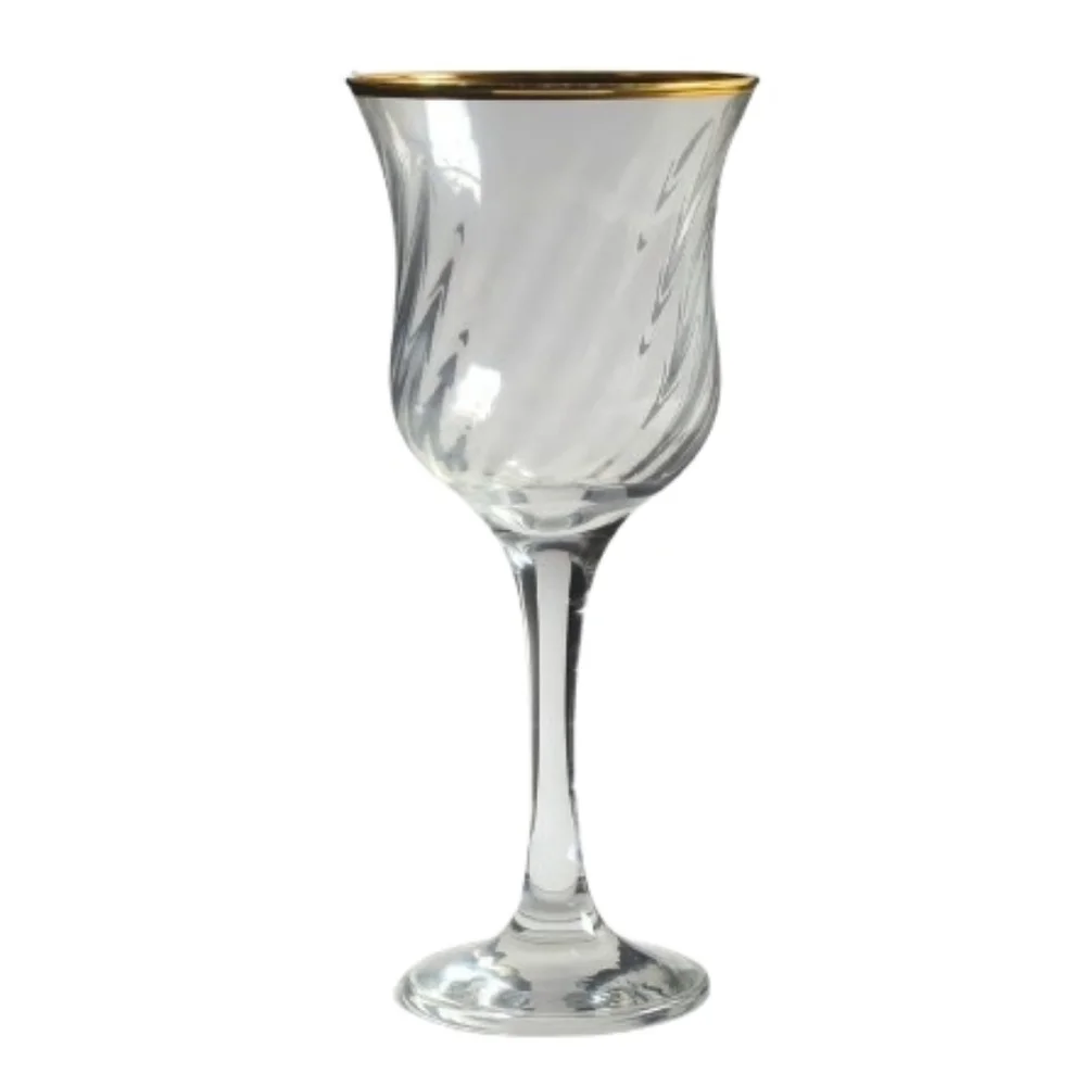 Set Of 2 Clear Swirl Optic Gold Trim 12oz Wine Glasses 8
